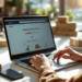 Professionele zakenvrouw typt op laptop met Amazon Business interface, omringd door productsamples en dozen