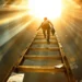 Business professional climbing wooden ladder from concrete pit toward bright sunlight, briefcase in hand, documents below.