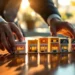 Businessman's hands arranging miniature storefront models on wooden table representing online marketplace strategy.