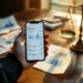 Businessman holding smartphone with marketplace app price sliders on desk with sales reports and charts