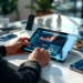 Businessman using tablet displaying colorful analytics dashboard with smartphones showing inventory data on modern desk