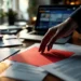 Businesswoman's hand reaching for red warning notice on desk with scattered documents and laptop showing marketplace interface