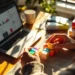 Person arranging colorful product boxes on wooden desk with laptop showing marketplace dashboard and smartphone notifications
