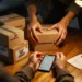 Hands arranging shipping boxes with marketplace logos on wooden table, smartphone showing e-commerce dashboard nearby