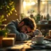 Exhausted marketplace seller with head in hands at cluttered desk surrounded by shipping boxes, coffee and plant nearby