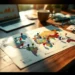 Open world atlas with colorful pushpins on wooden desk beside laptop displaying market data and international currency