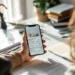 Businesswoman holding smartphone with marketplace app on desk with insurance documents and umbrella symbolizing coverage