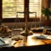 Brass scale on mahogany desk balancing gold coins against miniature building with percentage charts and calculator nearby