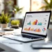 Laptop displaying colorful analytics charts and performance graphs on modern white desk with coffee cup and product photos
