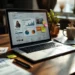 Laptop displaying product listing page on wooden desk with marketing analytics charts, sticky notes, and coffee cup in home office