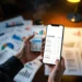 Professional analyst holding smartphone with price charts and data above competitor analysis reports on desk