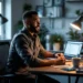 Professional marketplace seller at organized desk with multiple laptops showing customer support chats and business resources