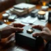 Business owner securing authentic product with padlock while counterfeit items are rejected in background on office desk.