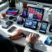 Hands typing on keyboard surrounded by smartphones and tablets displaying colorful marketplace apps on white desk