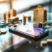 Smartphone displaying digital marketplace app on glass desk with miniature shopping bags, product samples, and coins nearby
