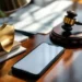 Smartphone displaying marketplace app on mahogany desk with legal documents and golden shield paperweight under desk lamp