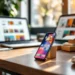 Smartphone displaying colorful marketplace app on wooden desk with shipping boxes and laptop showing e-commerce platform