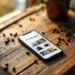 Smartphone displaying product listing app on rustic wooden desk with vintage camera and coffee beans in warm natural light