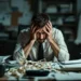 Stressed business professional holding head in hands at cluttered desk with declining sales charts on laptop screen.