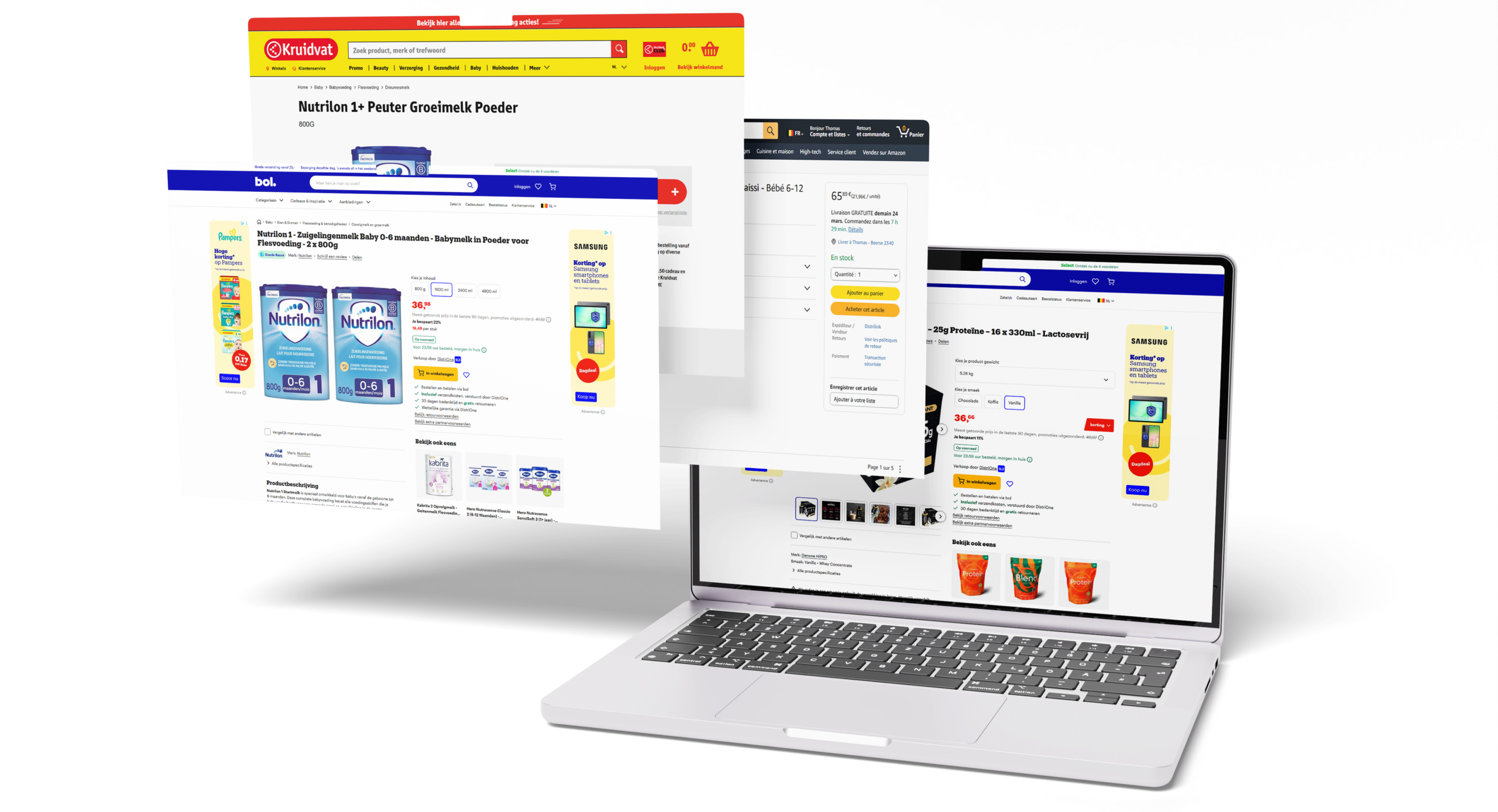 Laptop with three product pages of Bioracer