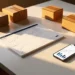 Dashboard op premium papier op wit bureau, omgeven door verzendoosjes en smartphone met stijgende grafiek in warm goudgeel licht.
