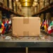 Kartonnen verzenddoos omringd door internationale vlaggetjes en munten op een magazijnplank, symboliseert wereldwijde e-commerce export.