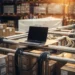 Magazijnlaptop verbonden met verzendpakketten via metalen buizen en kabels, omgeven door gestapelde voorraad in warm amberkleurig licht.