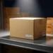 Premium Amazon product package spotlit on a warehouse shelf, with blurred stacked parcels in the background and orange, navy, and ivory tones.