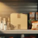 Packed cardboard shipping box surrounded by skincare, food, and household products on a warehouse shelf with warm golden light.