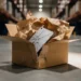 Dented Amazon shipping box open on warehouse floor with crumpled packing paper and a cracked product inside.