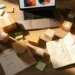 Overhead flat lay of an e-commerce workspace with product samples in cardboard boxes, handwritten market notes, sticky notes, and a laptop showing sales graphs.