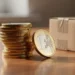 Euro coins splitting into two groups beside a small cardboard shipping box on a wooden desk, illustrating shipping cost deduction.