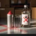 Aerosol cans, lithium batteries, and a labeled glass bottle on a warehouse shelf with a red X shadow, highlighting prohibited shipping items.