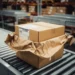 Open cardboard return shipping box on warehouse conveyor belt with crumpled packing paper and printed return label, fulfillment shelves in background.