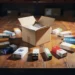 Open shipping box on warehouse table with product packages fanned out toward destination labels in warm amber and navy warehouse lighting.
