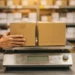 Warehouse worker weighing two shipping boxes on a steel scale, with organized inventory shelves softly blurred in the background.