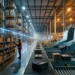 Lone warehouse worker in red vest scanning inventory amid conveyor belts and towering shelving racks in a vast automated fulfillment center.
