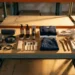 Flat lay of bestselling product categories including electronics, cosmetics, clothing, and household items on a warehouse shelf with warm golden lighting.