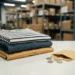 Folded striped shirt, denim jacket, and silk blouse beside an open envelope with euro coins on a white surface, e-commerce warehouse blurred behind.