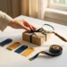 Hand arranging a small product box beside tags, measuring tape, and magnifying glass on a white surface in warm golden-hour light.