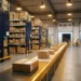 E-commerce fulfillment warehouse with towering shelving racks and labeled packages moving along a conveyor belt toward a loading dock.