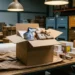Open cardboard shipping box on a warehouse table with bubble wrap, a Dutch stroopwafel tin, and Belgian chocolate packaging ready for dispatch.