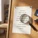 Polish marketplace product listing printout pinned to a corkboard, magnifying glass highlighting a product title, surrounded by small packaged consumer goods.