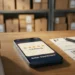 Seller's smartphone showing a five-star review dashboard on a warehouse desk, with stacked product boxes and a shipping label nearby.