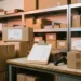 Organized warehouse packing station with performance checklist clipboard, stacked cardboard boxes with French shipping labels, and barcode scanner on desk.