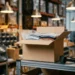 Open cardboard shipping box on a warehouse shelf with organized inventory rows and a barcode scanner beside it.